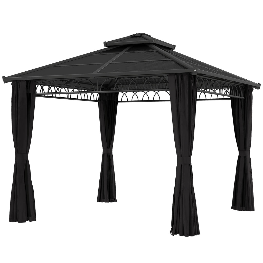 10' x 10' Outdoor Hardtop Gazebo Canopy with Double PC Roof, Steel Frame, Nettings, Curtains for Garden Lawn Deck, Black