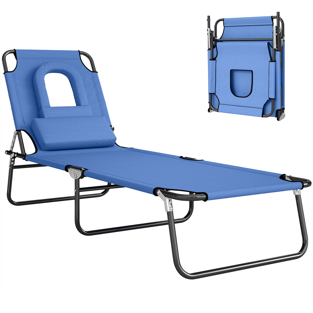 Folding Chaise Lounge Chair, Reclining Beach Tanning Chair with Face Hole, Pillow, 4-Position Adjustable Lay Flat Sun Lounger, Steel Frame for Outdoor Patio Pool, Red