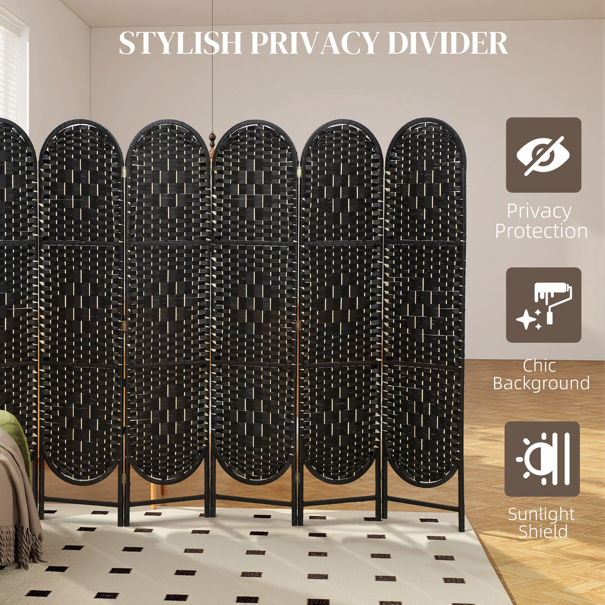 Bohemian Privacy Screen, Folding Room Divider with 4 Panels and Arched Top for Bedroom Living Room Office, Black