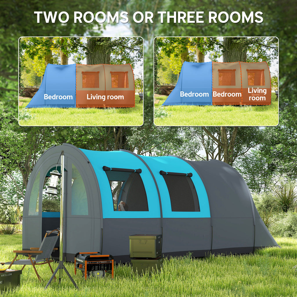 5-6 Person Camping Tent with Living Room and Bedroom, 3000mm Waterproof Tunnel Large Family Tent, Grey and Blue
