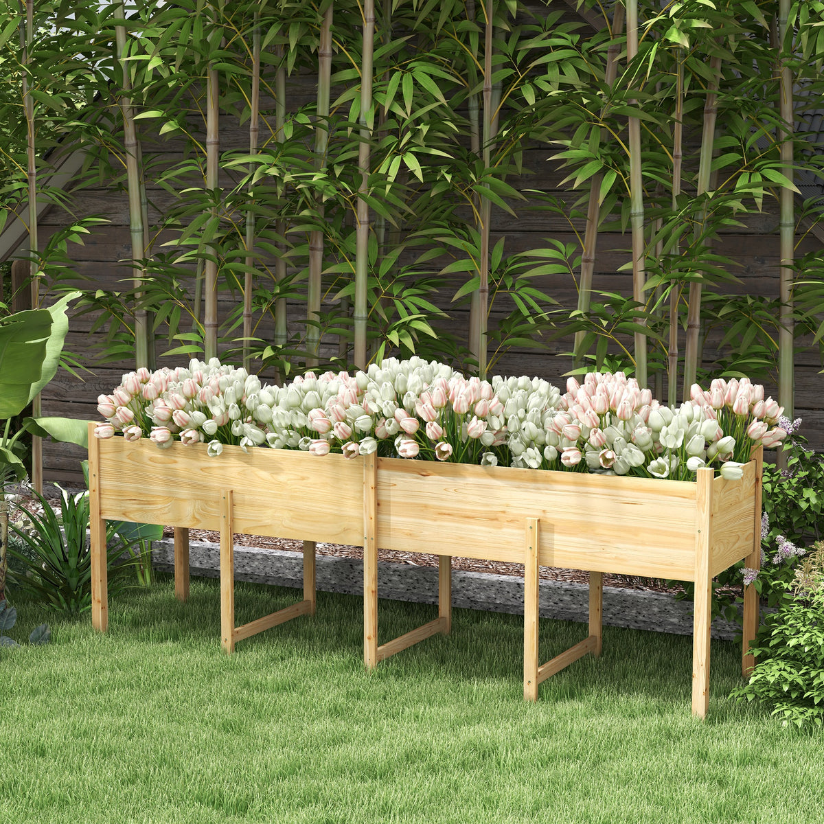 Wooden Raised Garden Bed Planter, Large Elevated Planter Box with Legs, Bed Liner and Drain Holes, 7.4' x 1.8' x 2.6'