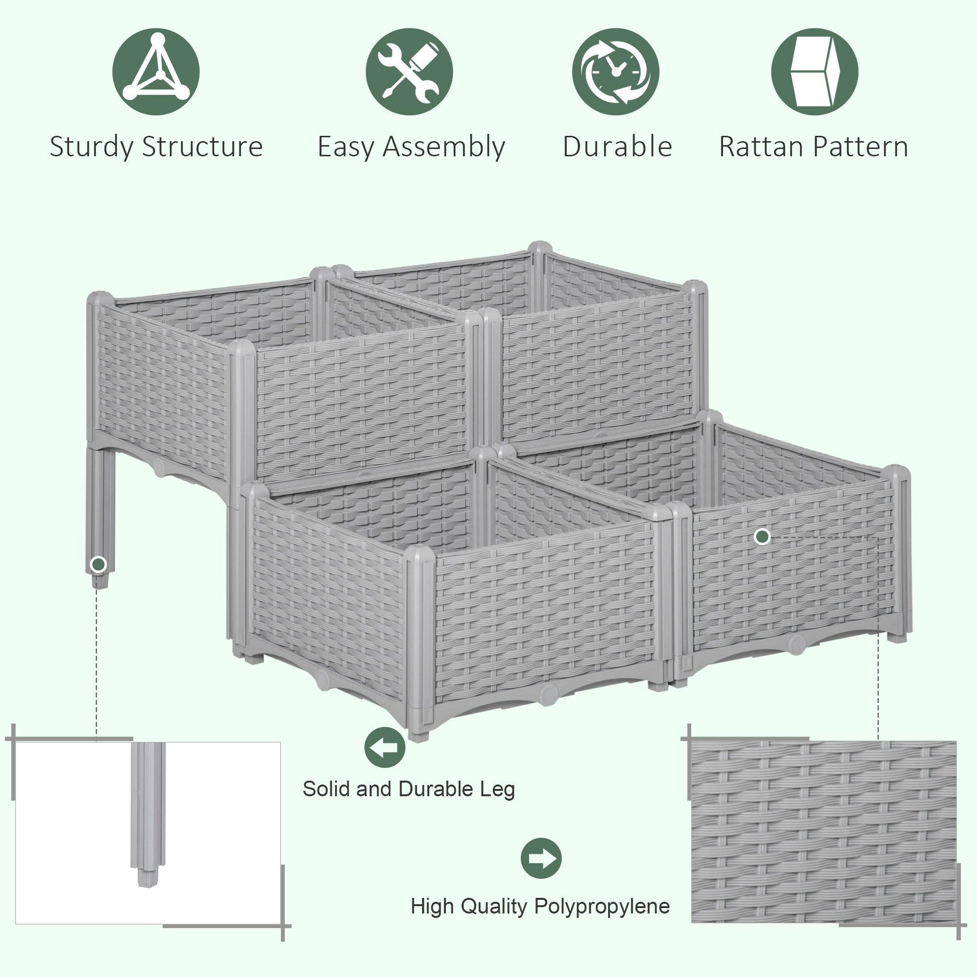 4 Piece Raised Garden Bed PP Raised Flower Bed Vegetable Herb Grow Box Stand Brown
