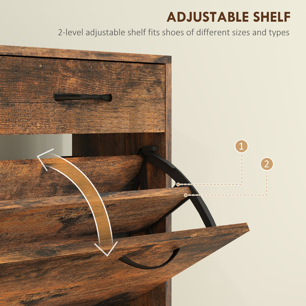 Narrow Shoe Storage with 2 Flip Drawers and Adjustable Shelves Shoe Organizer Cabinet for 12 Pairs of Shoes, Brown