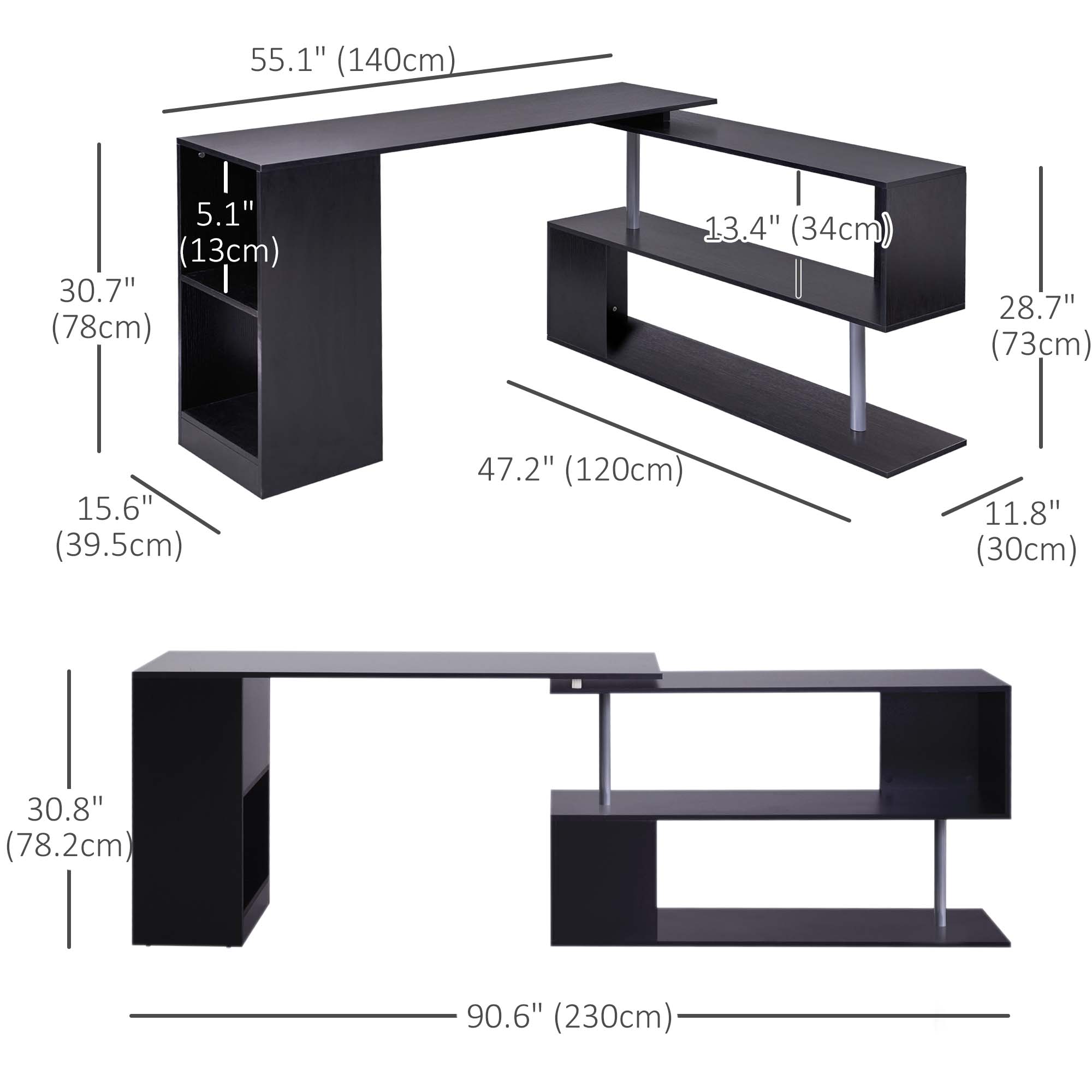 55" Corner Computer Desk, 360° Rotating L-Shaped Desk, Home Office Workstation with 3-Tier Shelves, Bookshelf, White