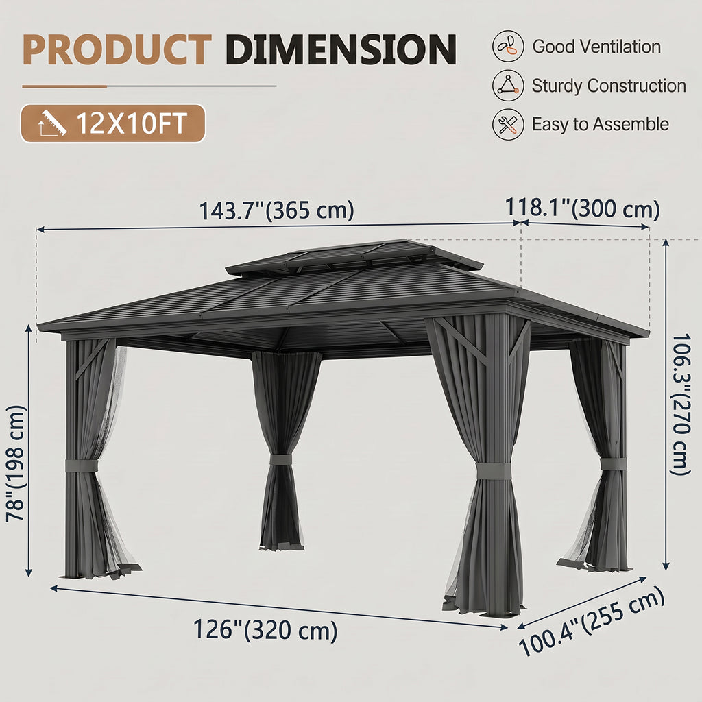 10' x 12' Hardtop Gazebo, Sun Shelter with Double Tier Metal Roof, Mosquito Netting, and Hanging Hook, Light Grey