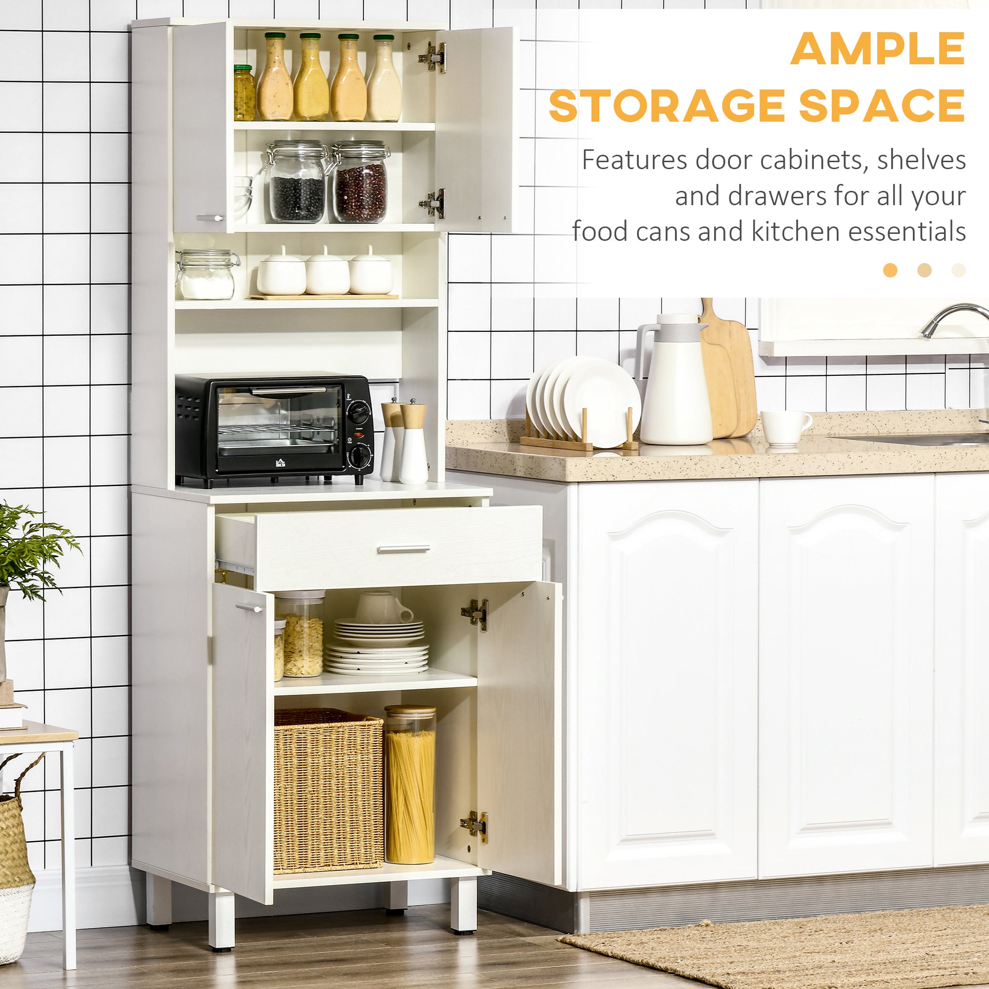 71"H Freestanding Kitchen Pantry, Buffet Cabinet with Hutch, Storage Cabinet with Drawer, Doors and Microwave Stand, White