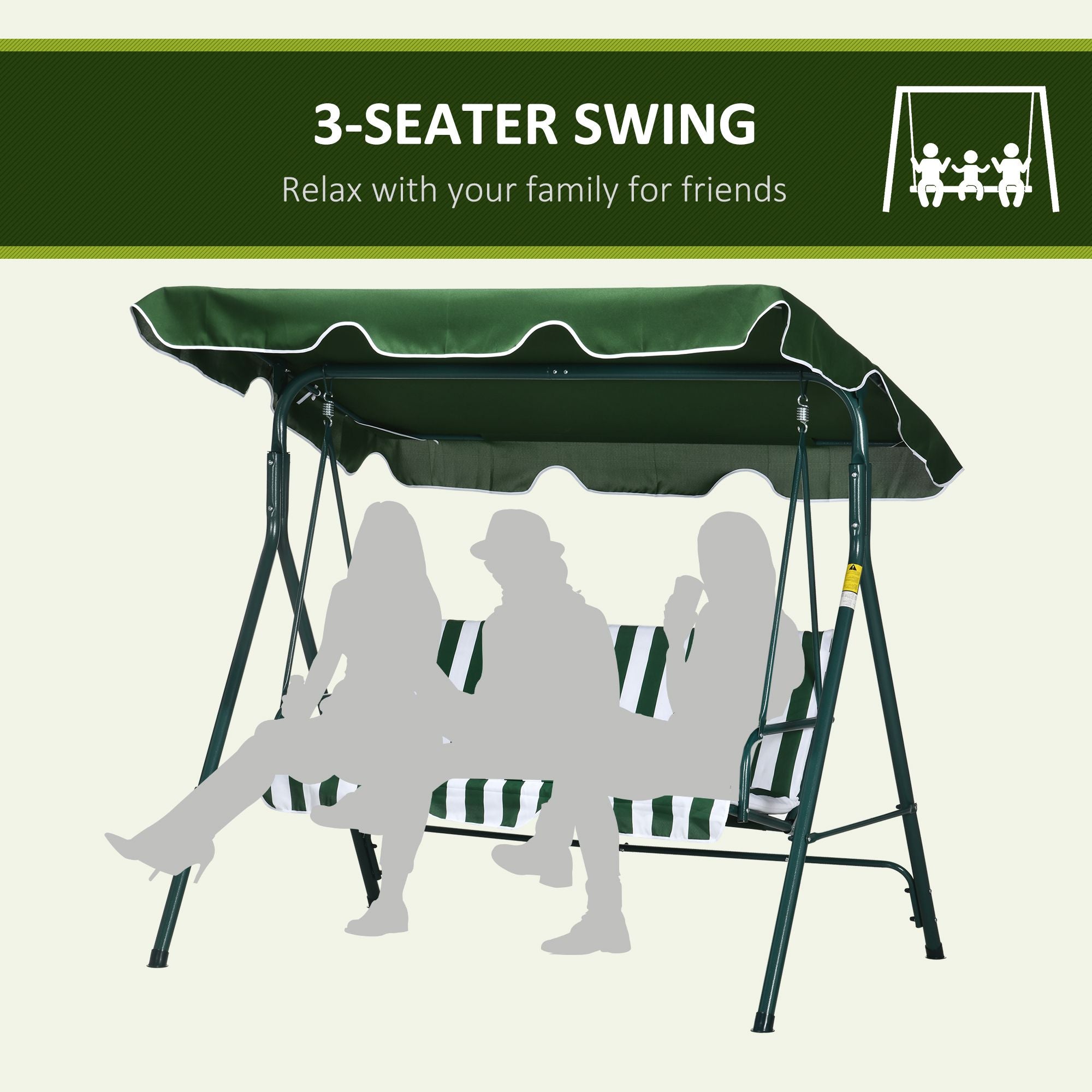 3-Seater Outdoor Porch Swing with Adjustable Canopy, Patio Swing Chair for Garden, Poolside, Backyard, Green and White
