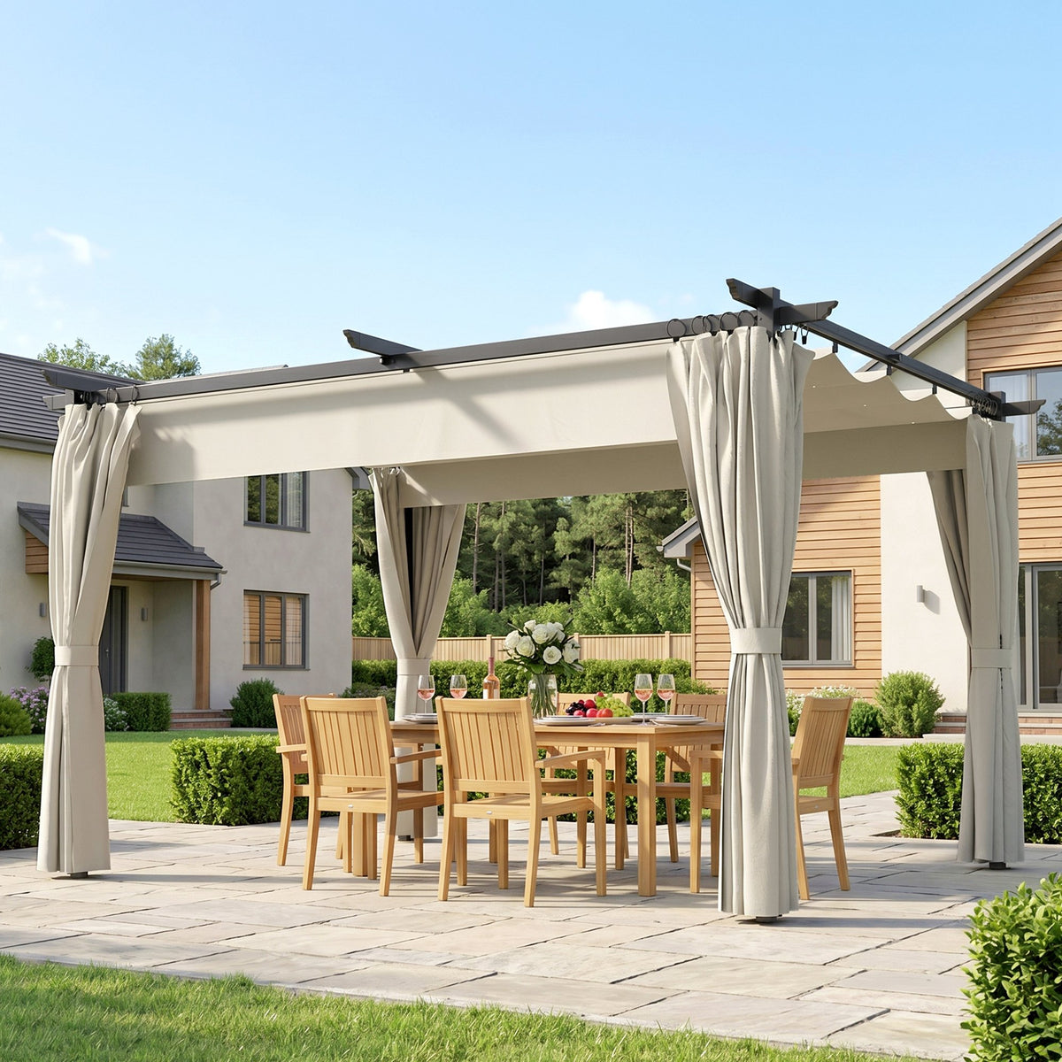 برجولة 10 × 13 قدم مع مظلة وستائر قابلة للسحب، مأوى واقي من الشمس بمعامل حماية UPF30+ للشواء، والحديقة، والفناء الخلفي، والسطح