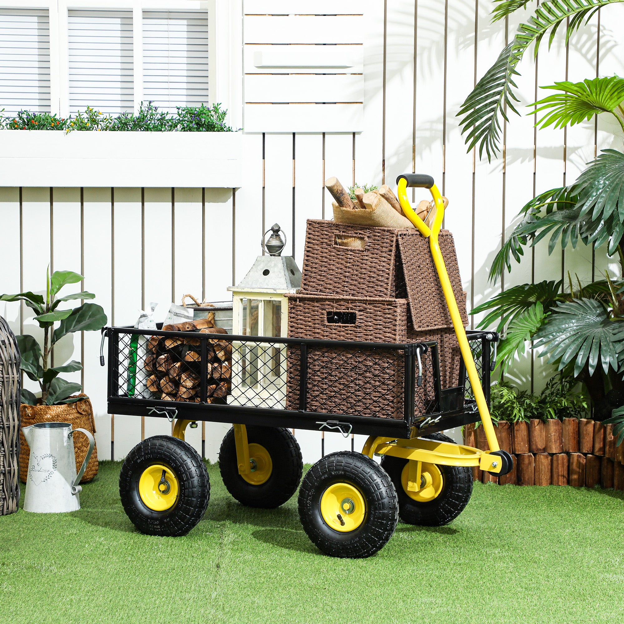 Steel Garden Cart, Utility Wagon with Removable Sides, 10" Wheels, 180° Rotating Handle, 440lbs Capatity