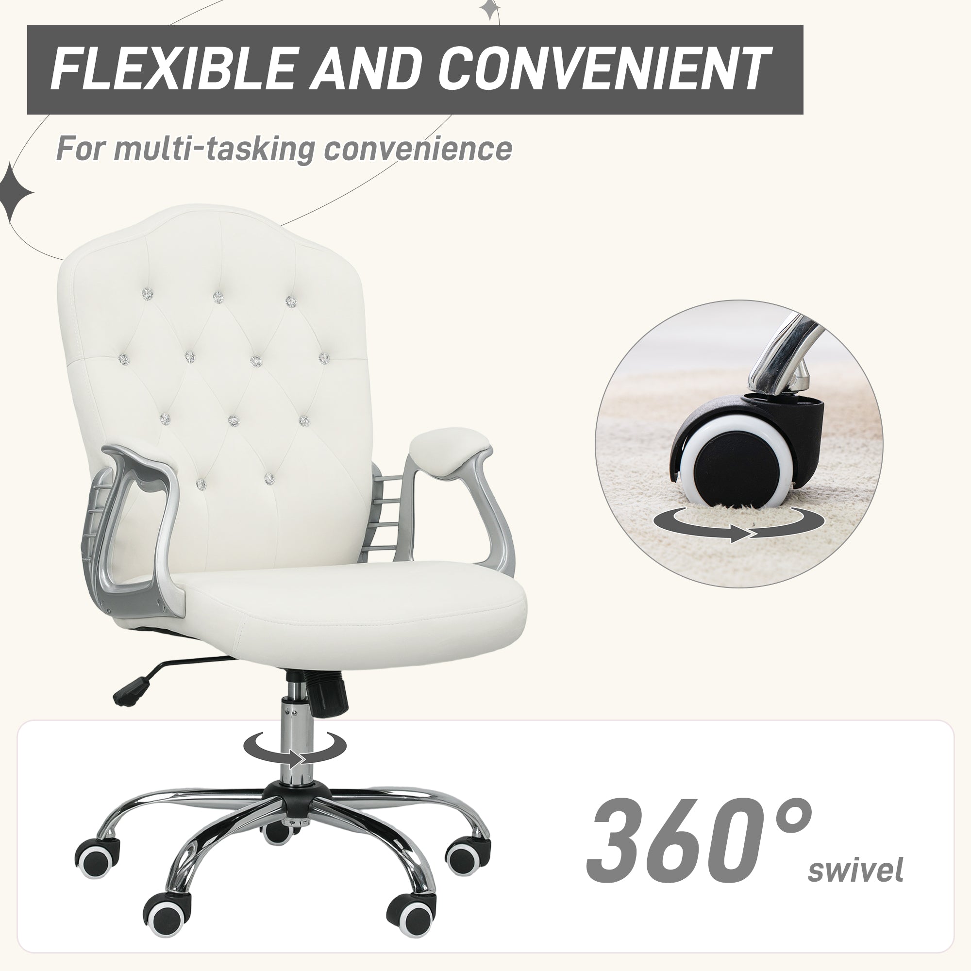 Vanity Office Chair, Velvet Computer Desk Chair with Swivel Wheels, Adjustable Height, Tilt Function, Off-White