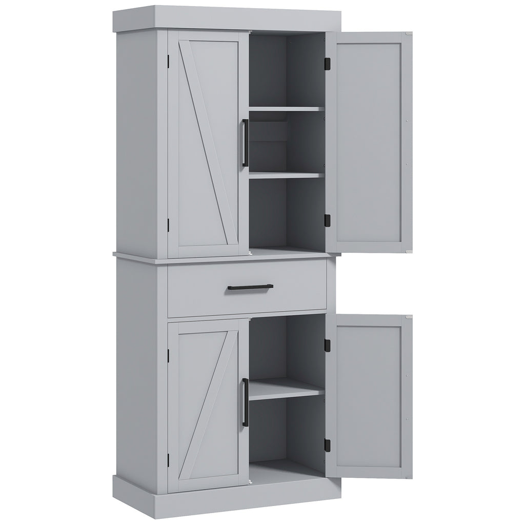 72" Farmhouse Kitchen Cabinet, Kitchen Pantry Cabinet with 4 Barn Doors, Drawer, Adjustable Shelves, Grey