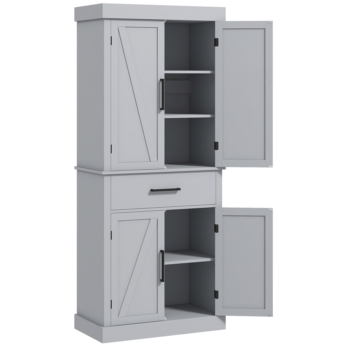 72" Farmhouse Kitchen Cabinet, Kitchen Pantry Cabinet with 4 Barn Doors, Drawer, Adjustable Shelves, Grey