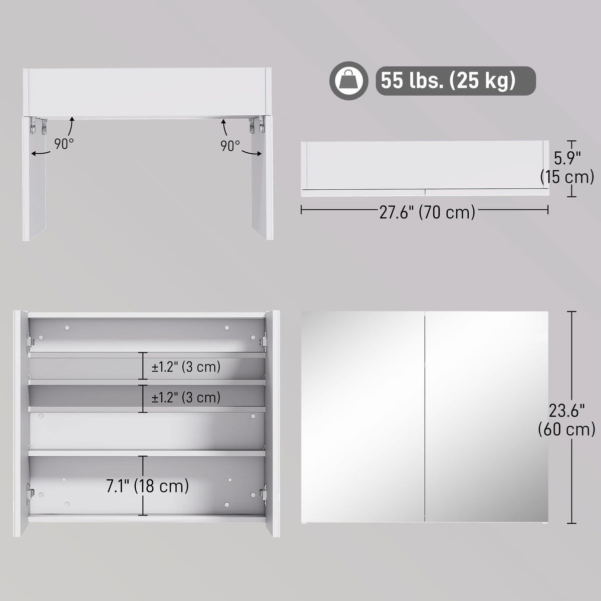 Wall Mount Mirrored Medicine Cabinet, Bathroom Mirror Cabinet with Adjustable Shelf, Double Soft Closing Doors, Light Lilac