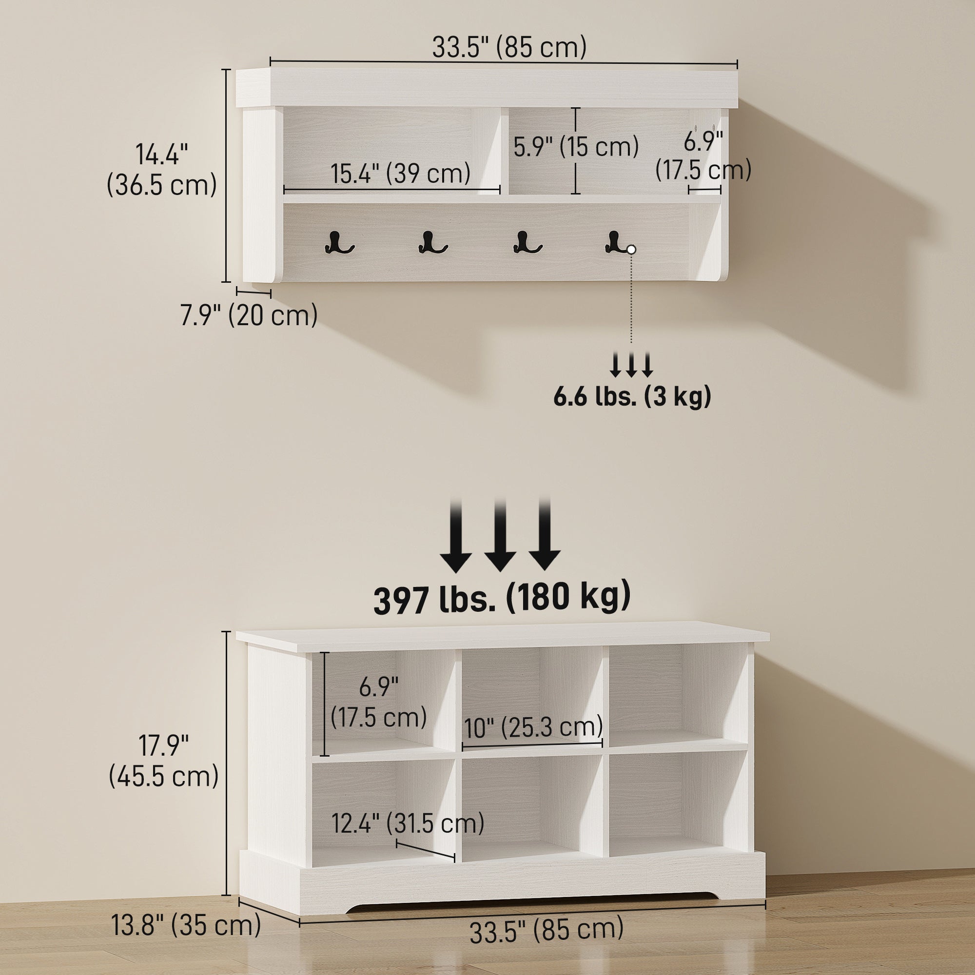 Coat Rack Shoe Bench Set, Entryway Shoe Bench with 8 Storage Cubbies, 4 Hooks for Hallway, Living Room, White