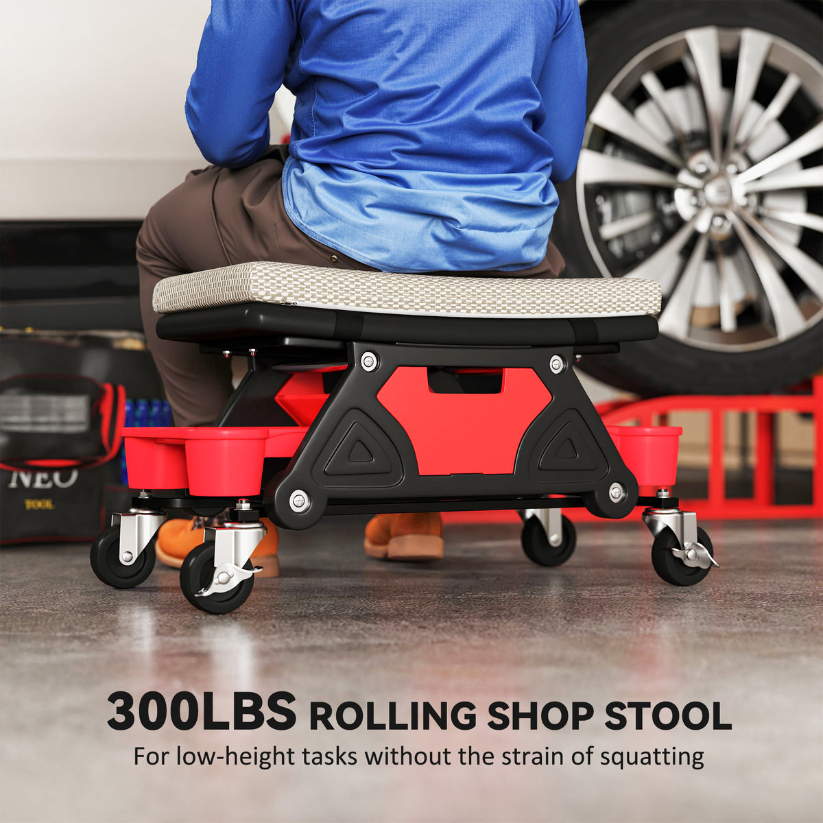 Rolling Garage Stool with Wheels, 300 LBS Capacity Padded Mechanic Stool with Tool Trays Storage, Grey
