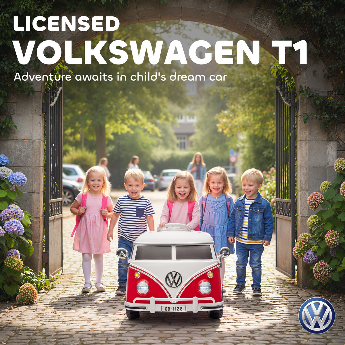Qaba 12V Kids Ride on Car, Lisensed Volkswagen T1 Electric Vehicle with Dual Motor and Soft Start for 3-7 Years, Red