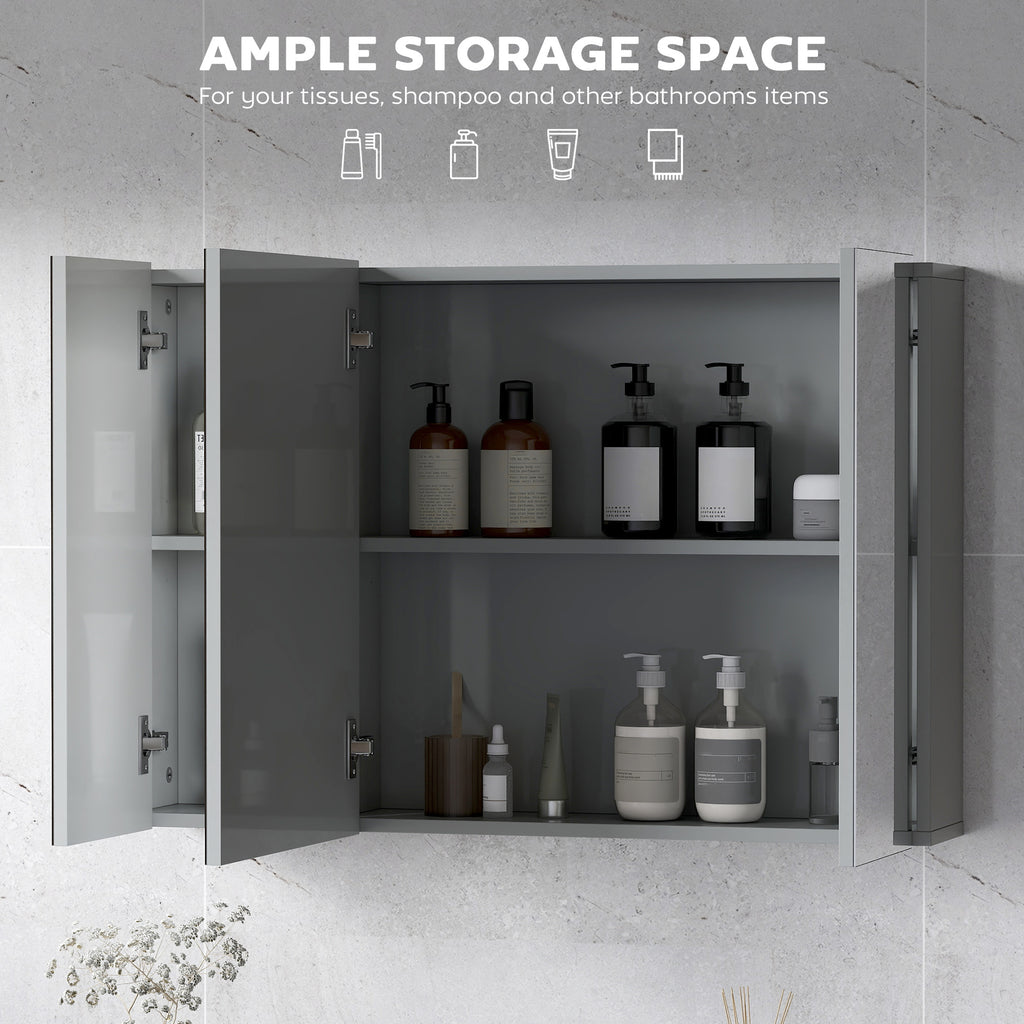 28" x 24" Wall Mounted Mirror Cabinet, Bathroom Medicine Cabinet with Mirror, 3 Doors and Adjustable Shelves, White