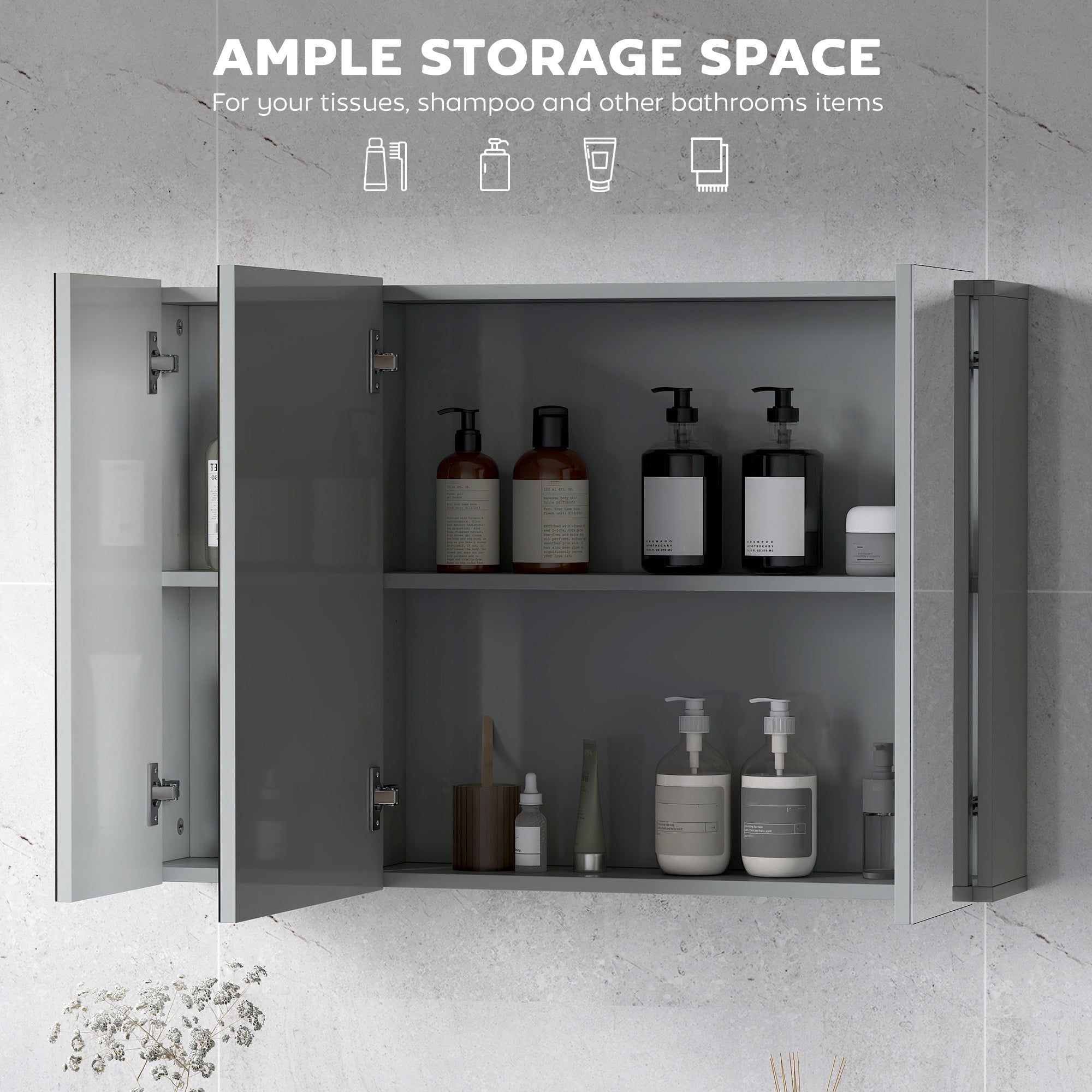 28" x 24" Wall Mounted Mirror Cabinet, Bathroom Medicine Cabinet with Mirror, 3 Doors and Adjustable Shelves, White