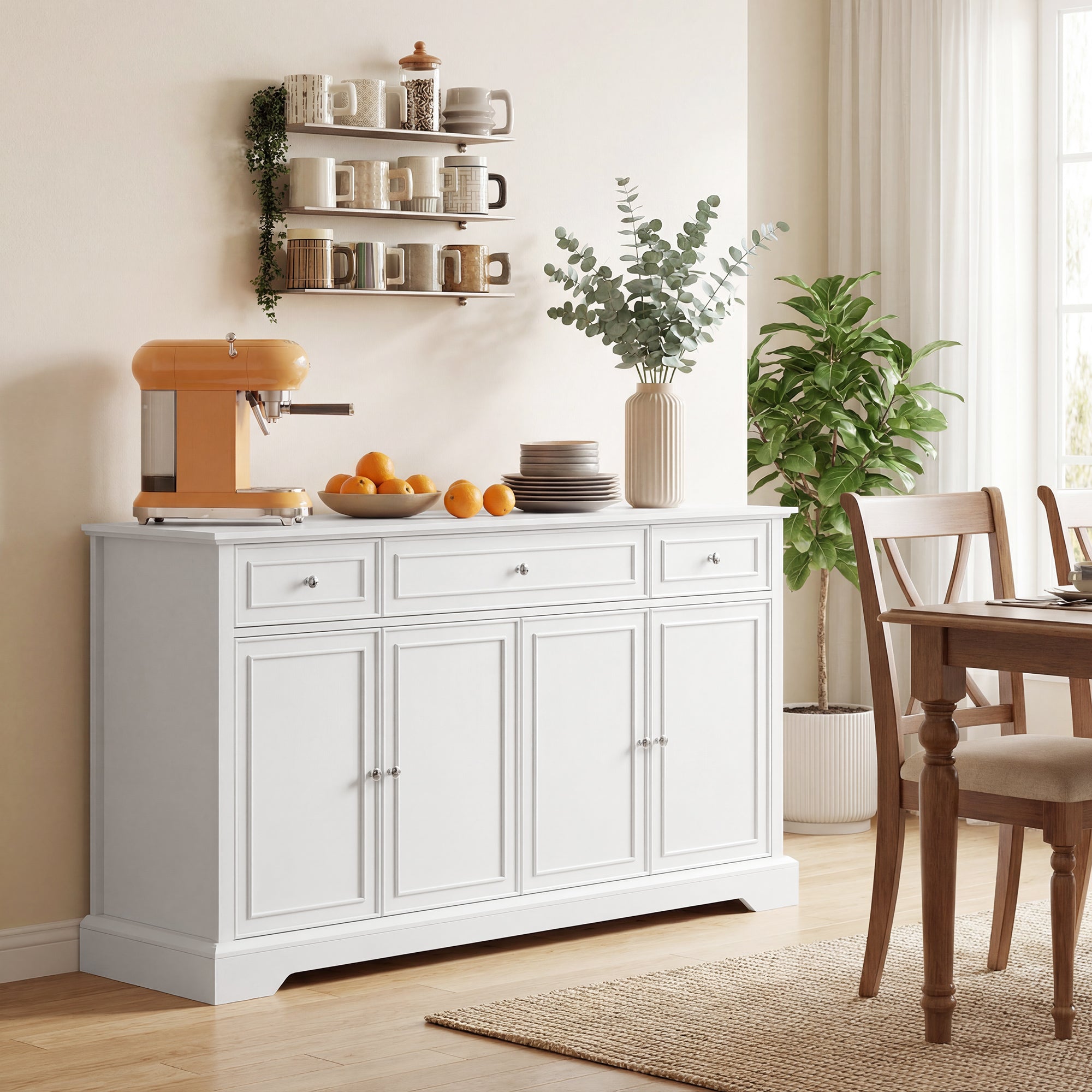 Sideboard Buffet Cabinet, 54" Kitchen Storage Cabinet with Soft-Close Doors, 3 Drawers and 2 Adjustable Shelves, White