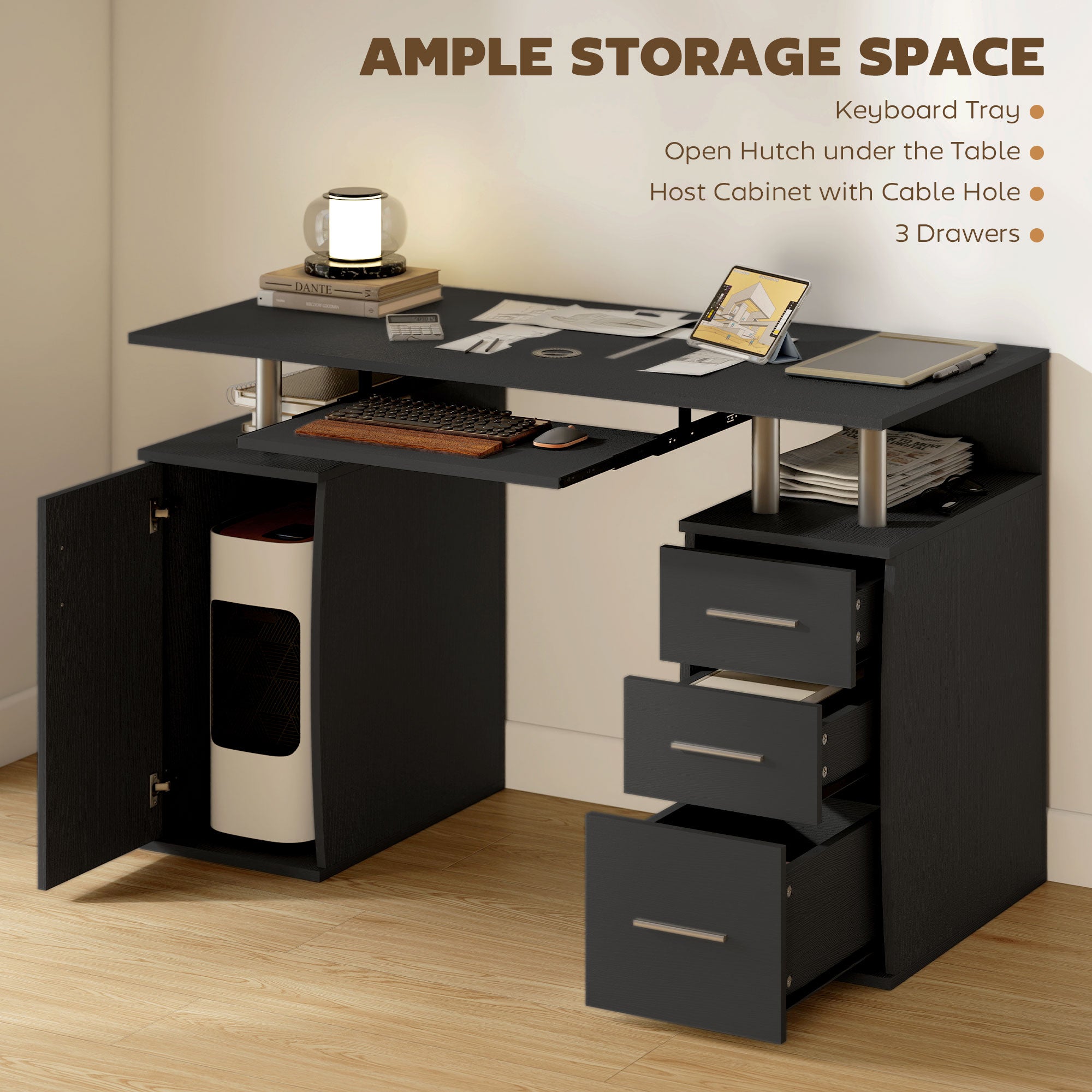 47" Computer Desk with Keyboard Tray and Storage Drawers, Home Office Workstation Table with Storage Shelves, White