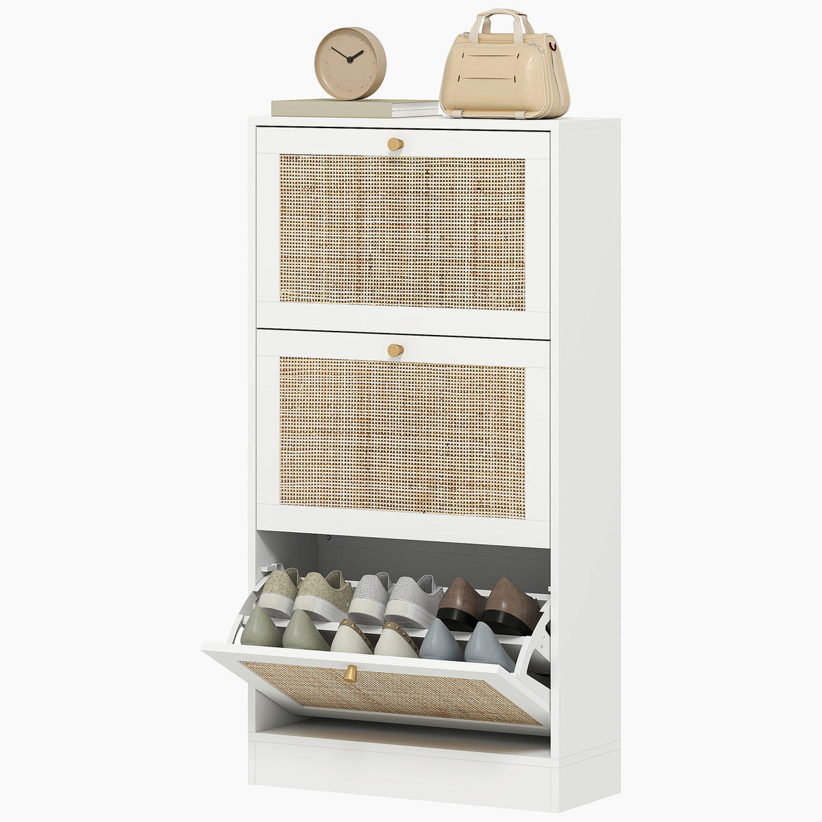 Rattan Shoe Storage Cabinet with 3 Flip Drawers and Adjustable Shelves, Entryway Shoe Cabinet for 18 Pairs, Black