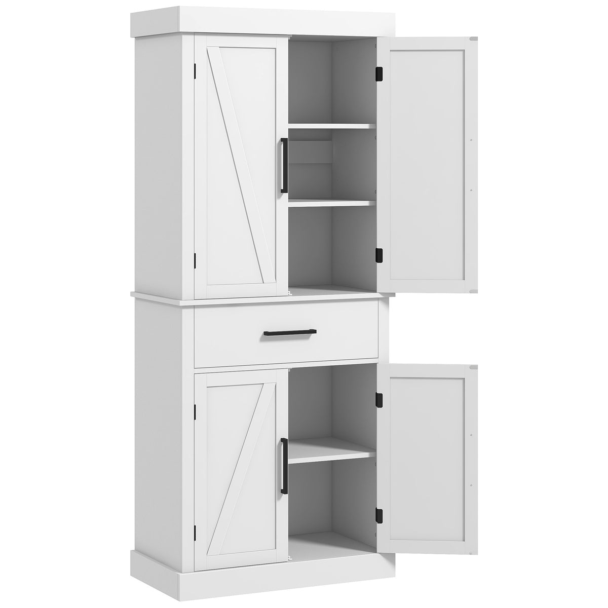 72" Kitchen Storage Cabinet, Farmhouse Kitchen Pantry Cabinet with 4 Barn Doors, Drawer, Adjustable Shelves, White