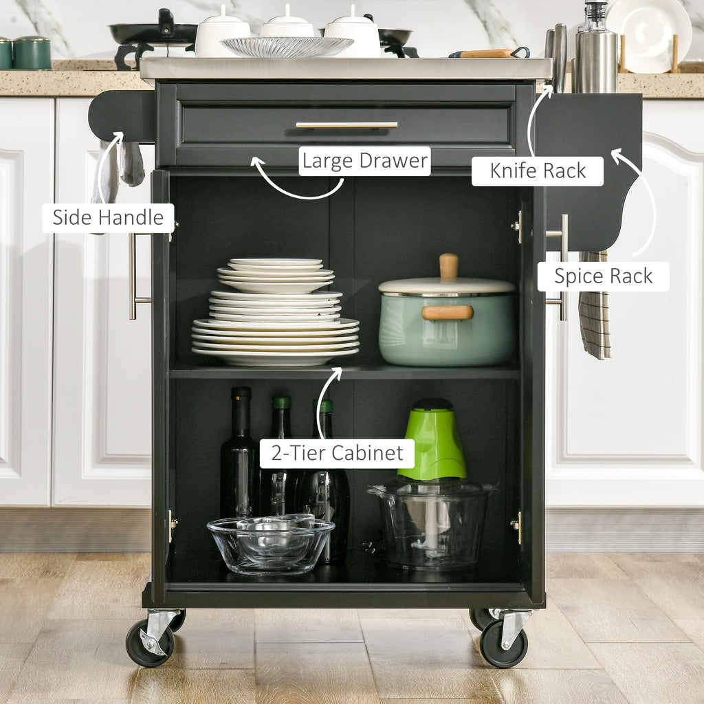 Kitchen Island with Stainless Steel Top, Rolling Kitchen Cart on Wheels with Storage Drawer, Cabinet, Towel Rack and Spice Rack (Black)