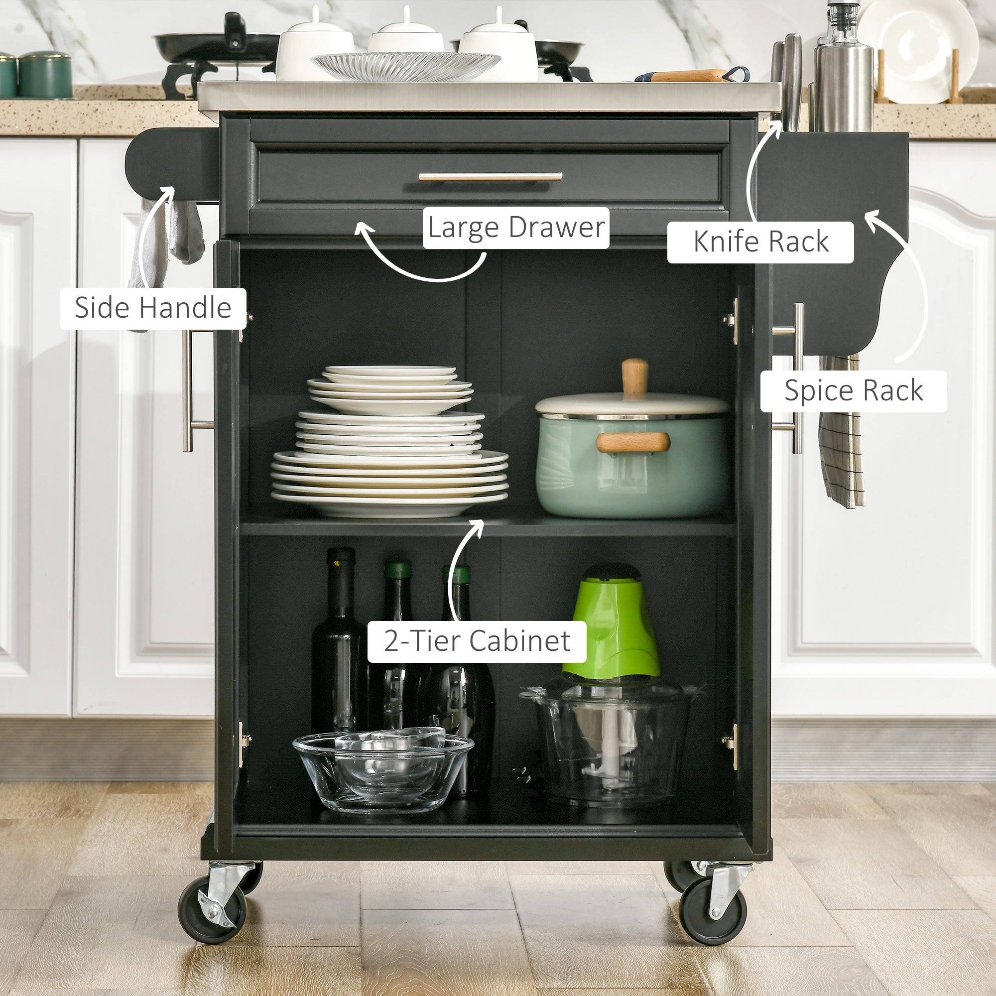 Kitchen Island with Stainless Steel Top, Rolling Kitchen Cart on Wheels with Storage Drawer, Cabinet, Towel Rack and Spice Rack (Black)