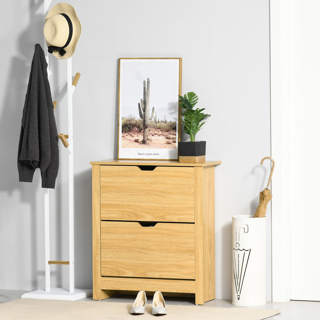 Shoe Storage Cabinet with 2 Flip Drawers and Adjustable Shelves for 8–12 Pairs of Shoes, Natural Wood