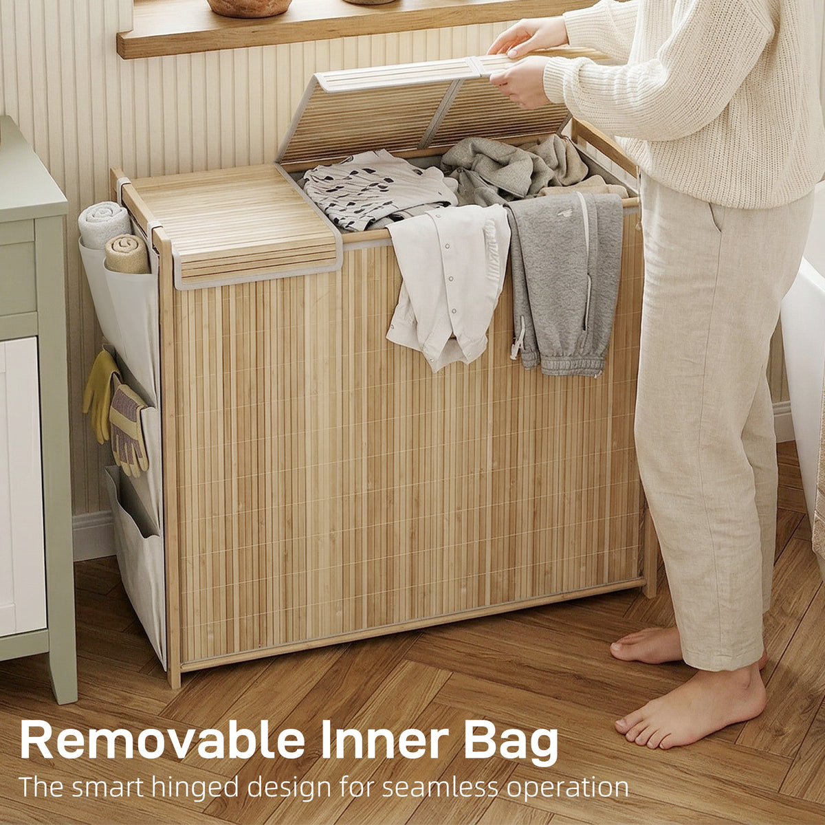 Bamboo Laundry Hamper with Removable Drawstring Bag and Side Storage Pockets, 20 Gal, Natural