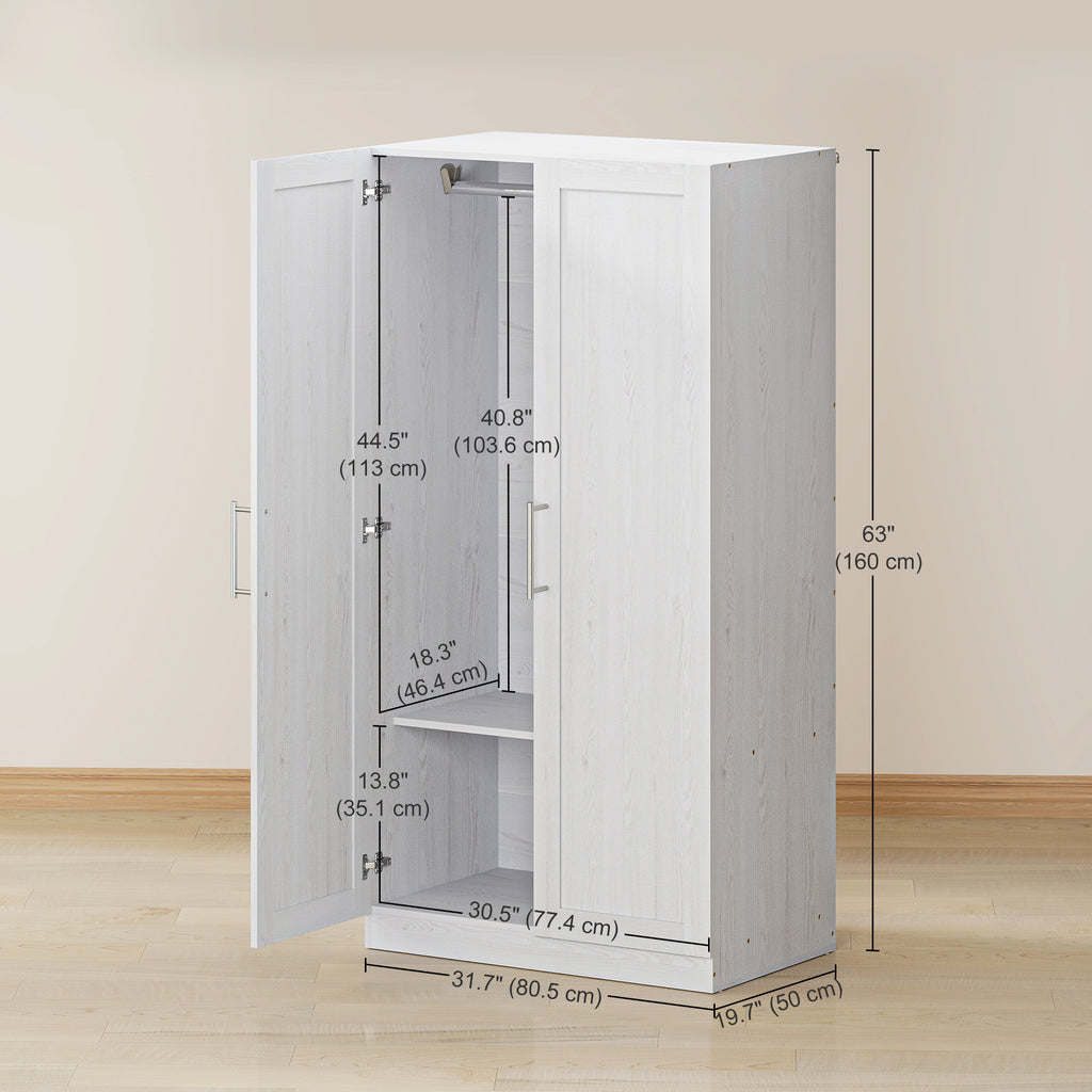 Wardrobe Cabinet with 2 Doors and Hanging Rod, Modern Armoire Wardrobe Closet for Bedroom, White Wood Effect