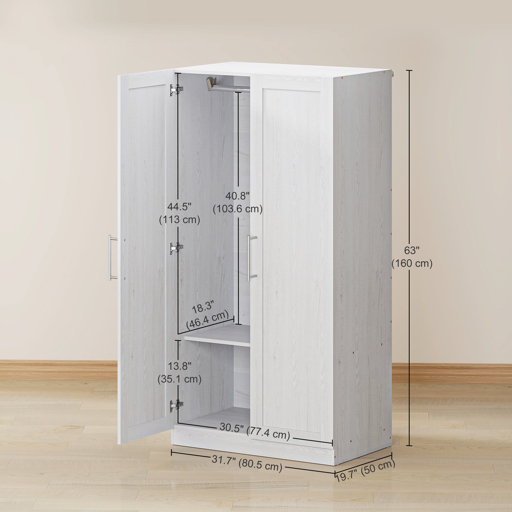 Wardrobe Cabinet with 2 Doors and Hanging Rod, Modern Armoire Wardrobe Closet for Bedroom, White Wood Effect