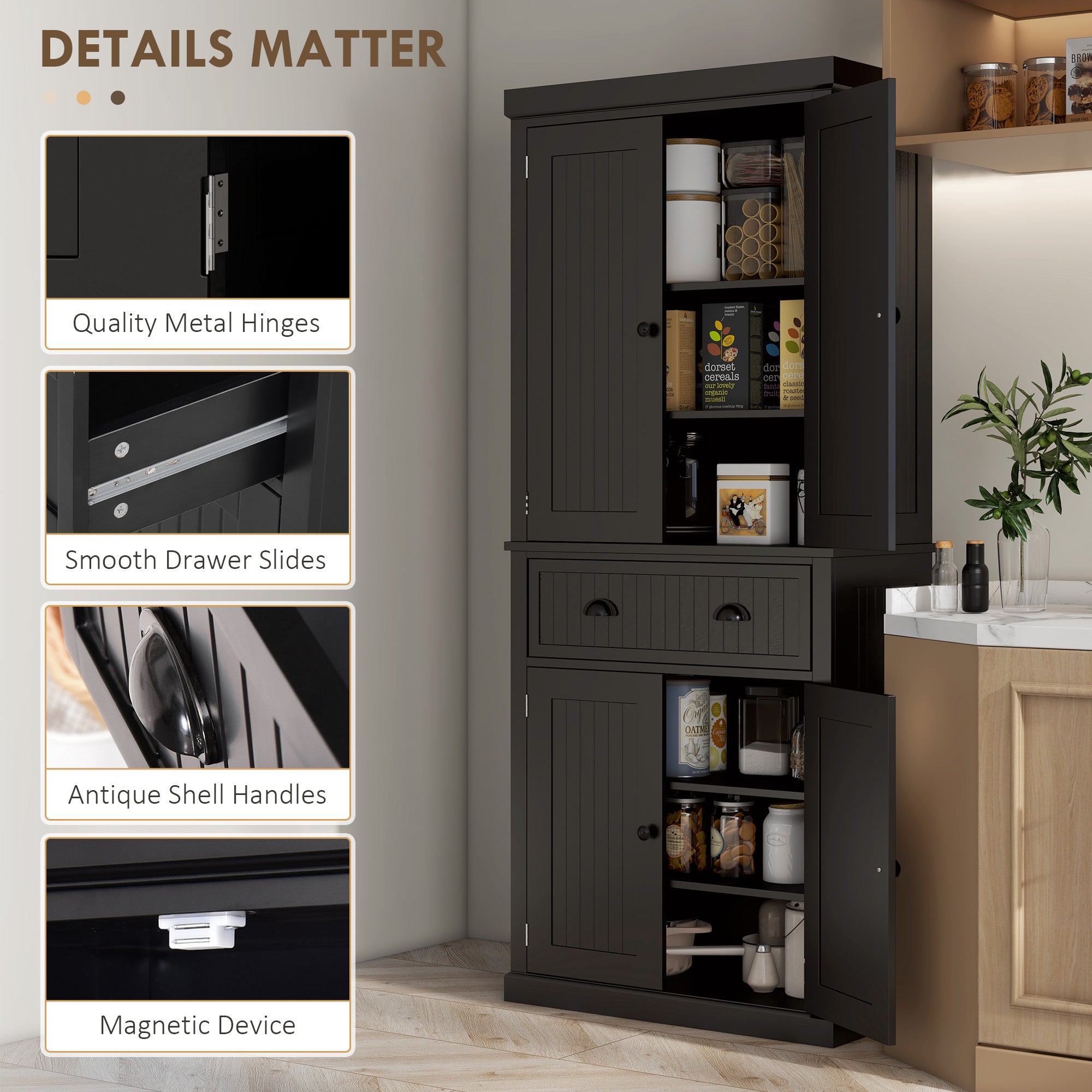72" Kitchen Pantry, Freestanding Storage Cabinet with Drawer, Doors, Black