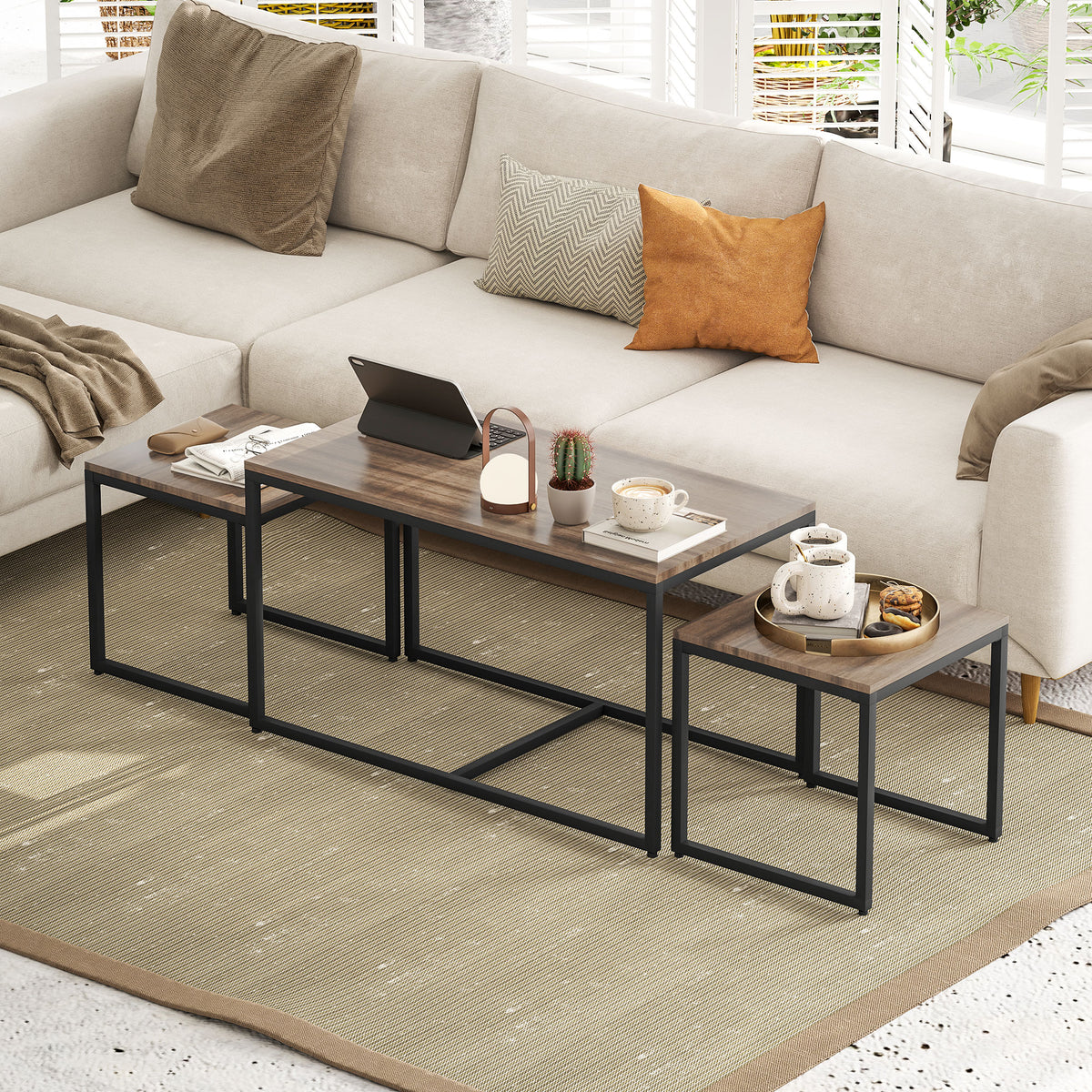 Nesting Coffee Table Set of 3, Modern End Tables with Black Metal Frame for Living Room Home Furniture, Brown