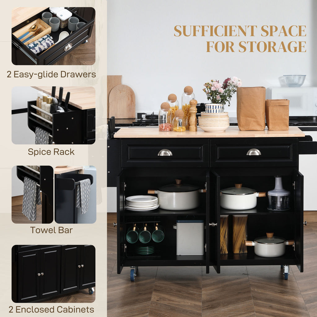 Kitchen Island with Storage, Rolling Kitchen Island with Drop Leaf, Rubber Wood Top and Adjustable Shelves, White