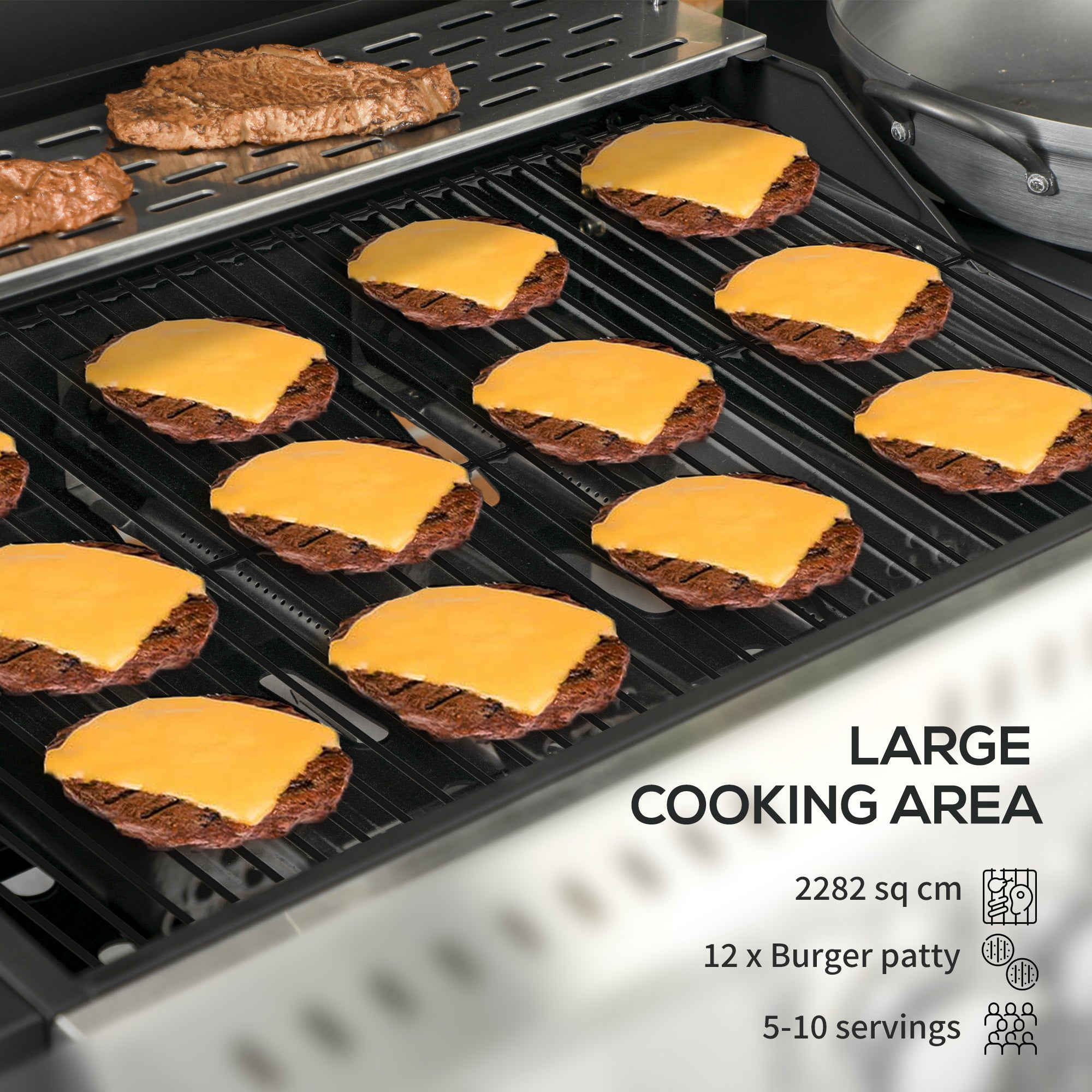 40,000 BTU Propane Gas Grill BBQ Cart with 4 Main Burners, 1 Side Burner, with Warming Rack, Side Prep Tables, Black
