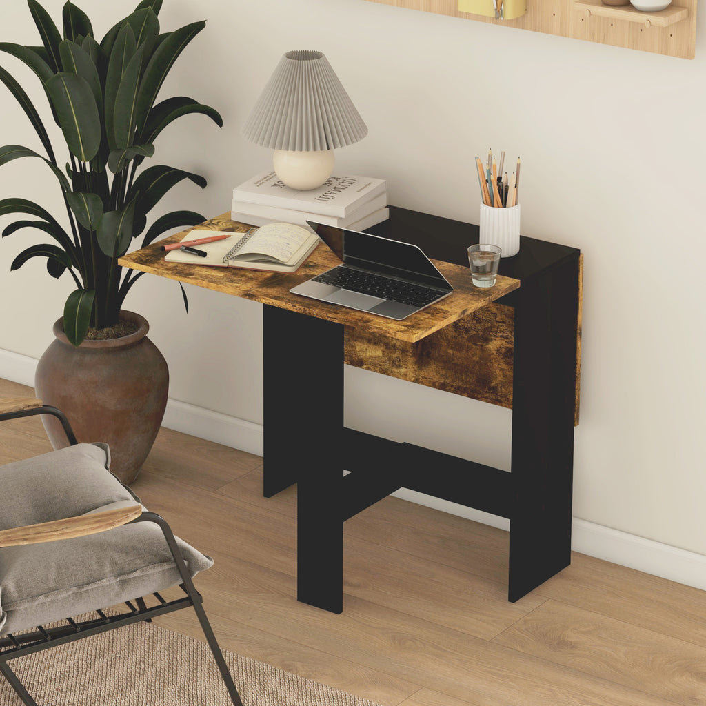Drop Leaf Dining Table Wood Folding Table Multi-Use Side Table Dining Desk Space Saving Table, Rustic Brown and Black