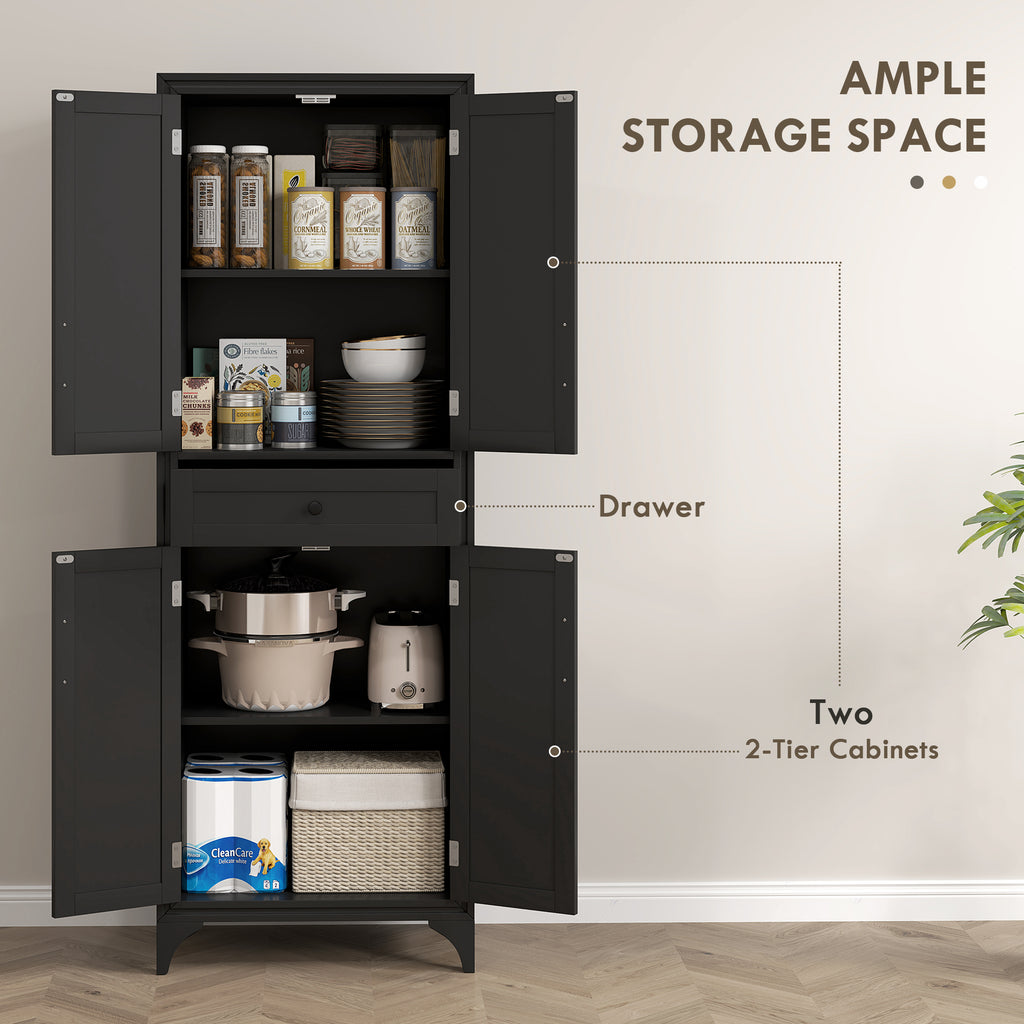 Freestanding Storage Cabinet, Kitchen Pantry Cabinet with 2 Shelves, 4 Doors for Dining Room, Black