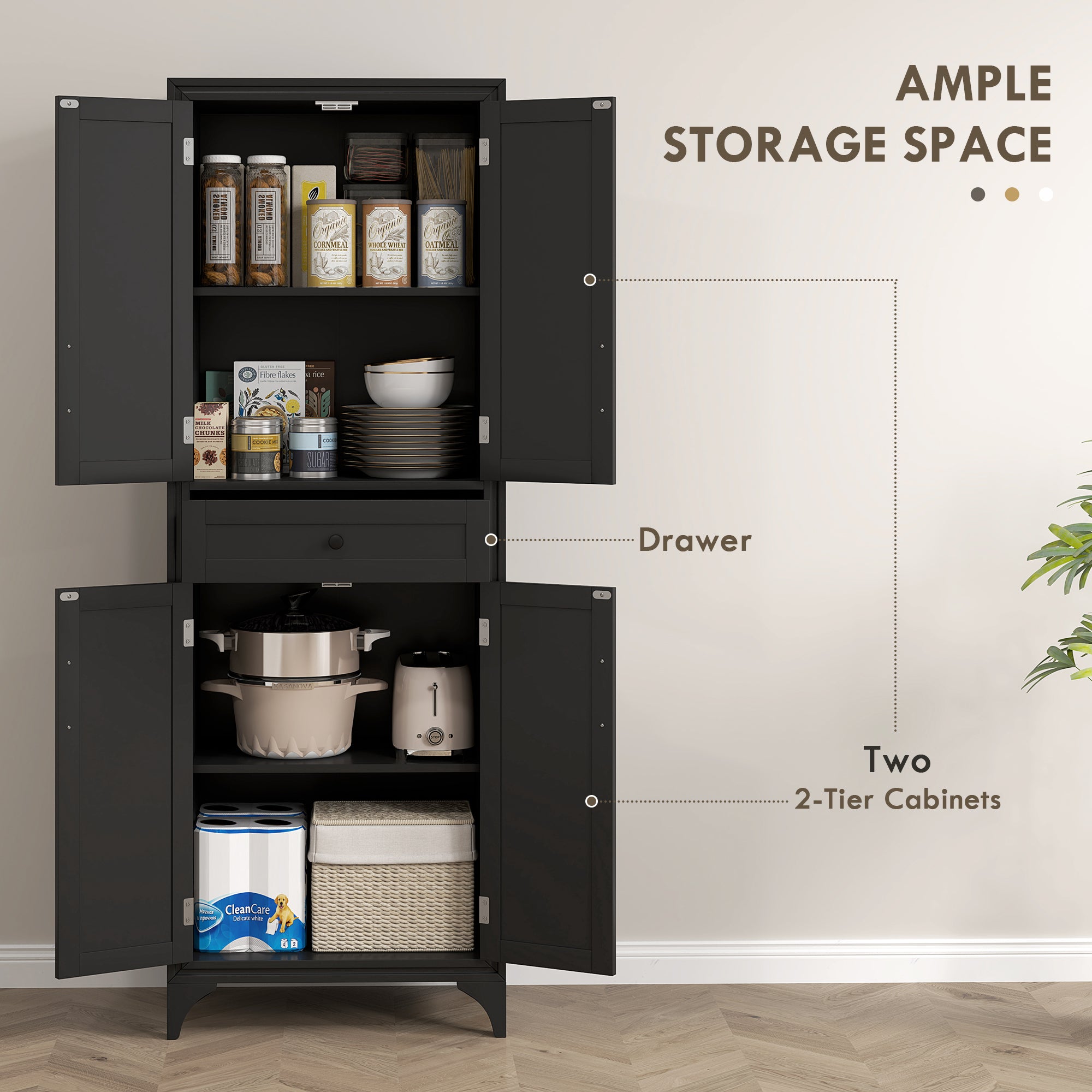 Freestanding Storage Cabinet, Kitchen Pantry Cabinet with 2 Shelves, 4 Doors for Dining Room, Black