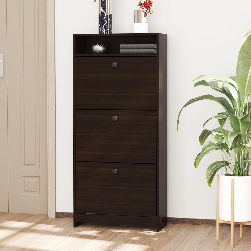 Slim Shoe Storage with 3 Flip Drawers and Adjustable Shelves Shoe Cabinet Organizer for 9 Pair, Coffee
