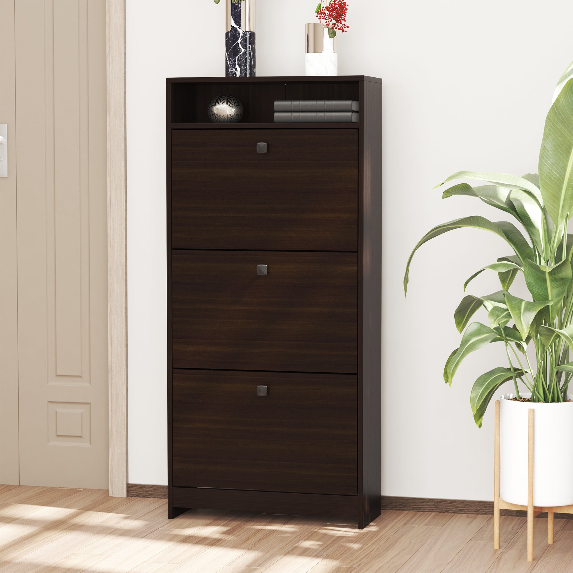 Slim Shoe Storage with 3 Flip Drawers and Adjustable Shelves Shoe Cabinet Organizer for 9 Pair, Coffee