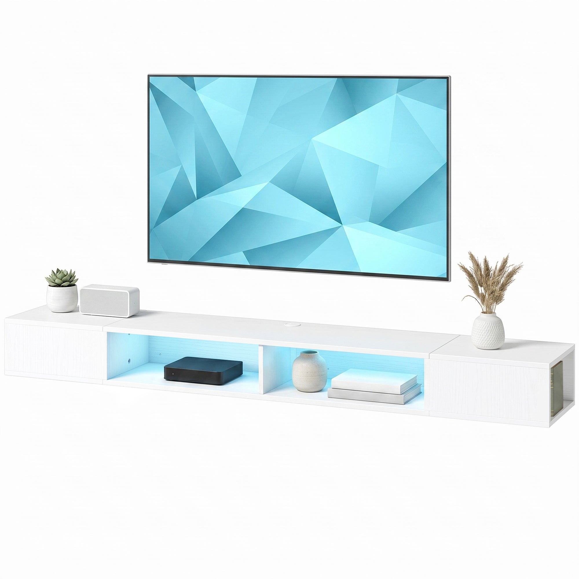 ከ RGB LED መብራት ጋር የቲቪ መቆሚያ፣ ን 75 ኢንች ቲቪ ክፍት መደርደሪያታት ዘለዎ መዝናኛ ማእከል፣ ጻዕዳ