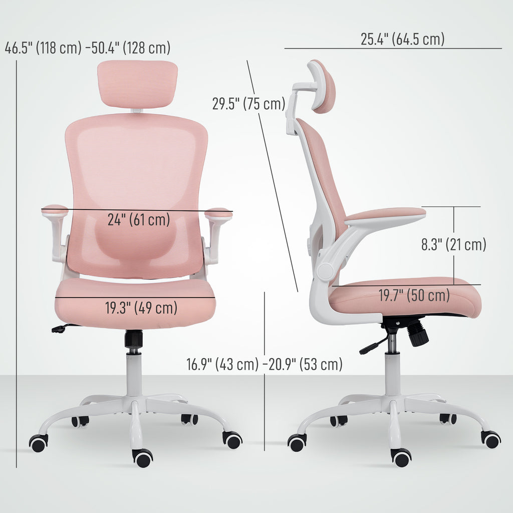 Ergonomic Office Chair, Mesh Desk Chair with Adjustable Headrest, Lumbar Support and Height, Flip-Up Armrests, Pink
