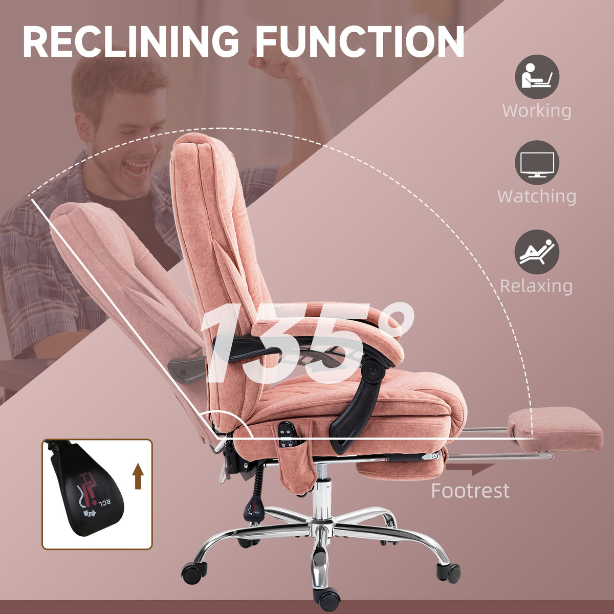 Massage Office Chair, Reclining Computer Chair with Adjustable Height and Footrest, Pink