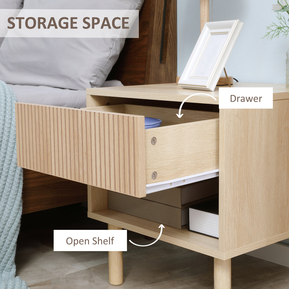 Modern Bedside Table with Drawer and Open Shelf, Sofa Side Table for Bedroom Living Room, Natural