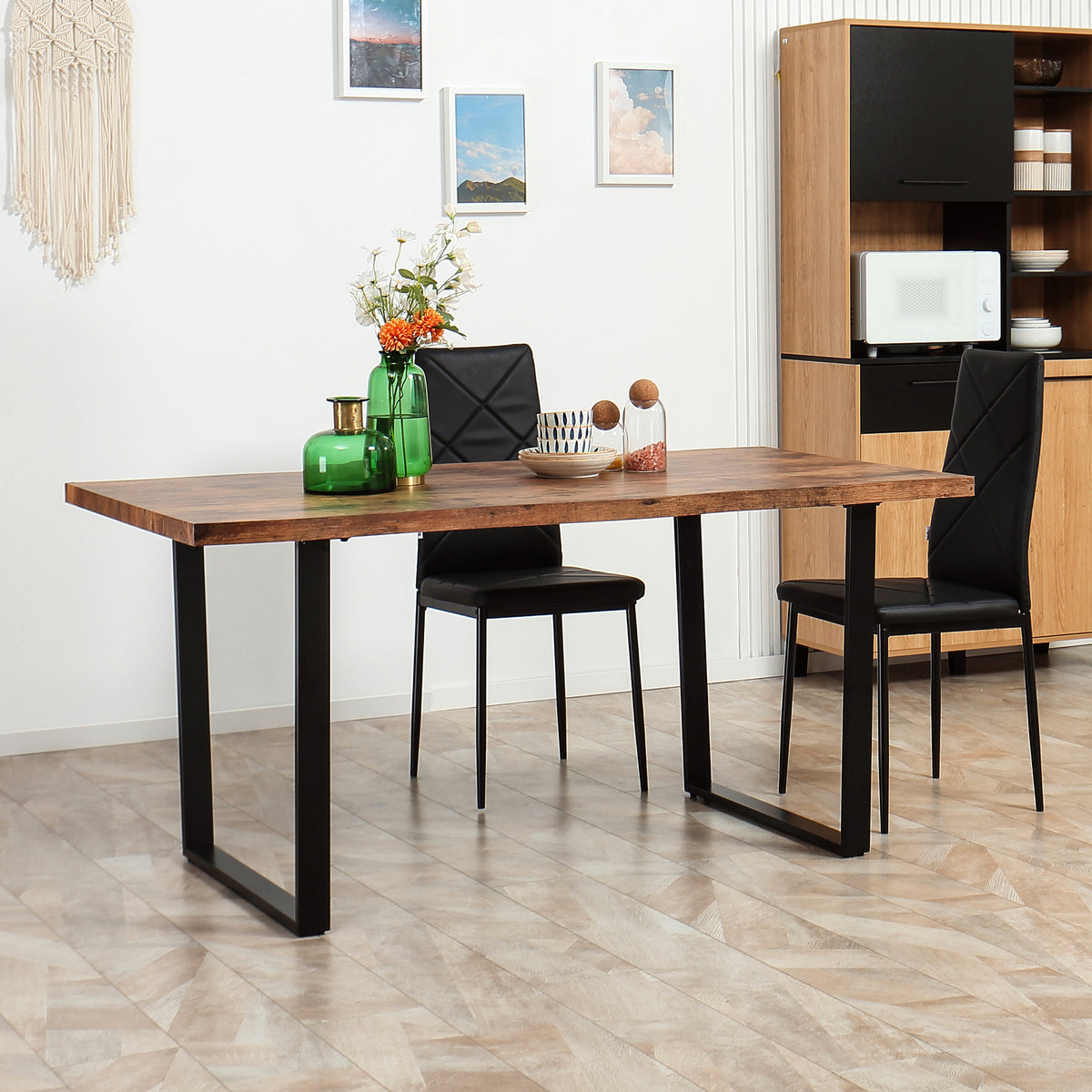 63" Kitchen Table, Industrial Dining Table with Wave-edged Tabletop and Steel Legs for Up to 6 People, Rustic Brown