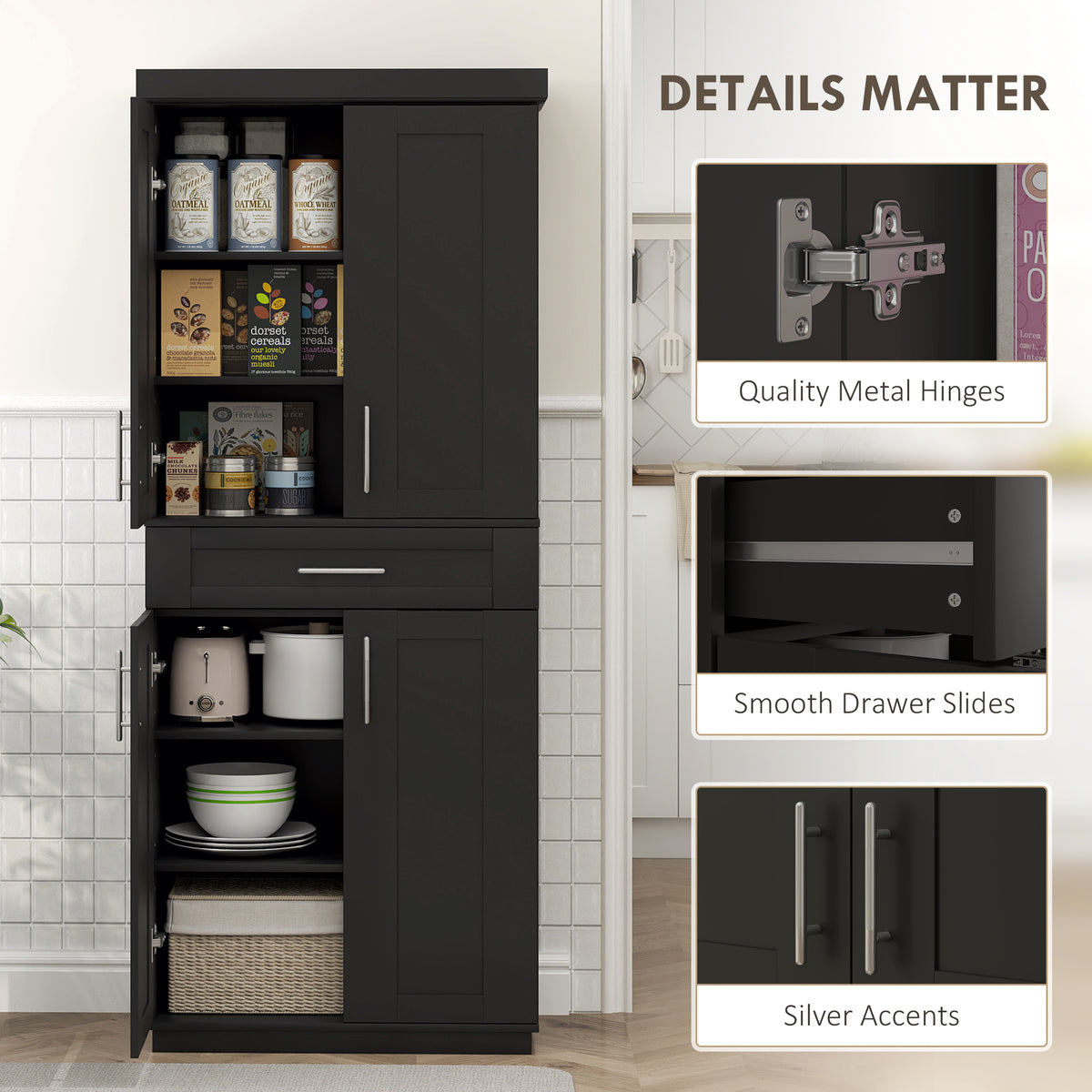 72" Storage Cabinet, Freestanding Kitchen Pantry Cabinet with 4 Doors, Drawer and 3 Adjustable Shelves, White
