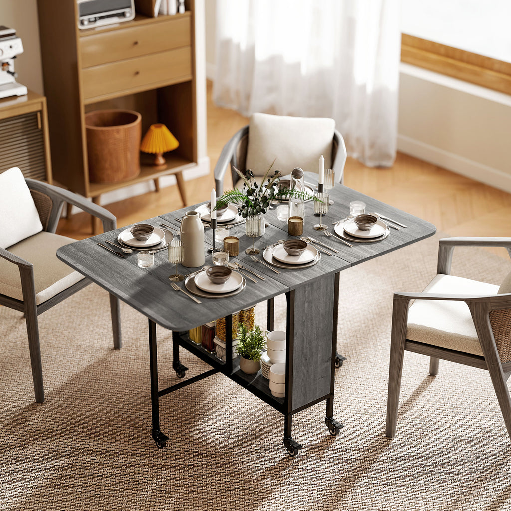 Folding Dining Table, Extendable Kitchen Table for Small Spaces with Storage Shelf and 6 Wheels, Distressed Grey
