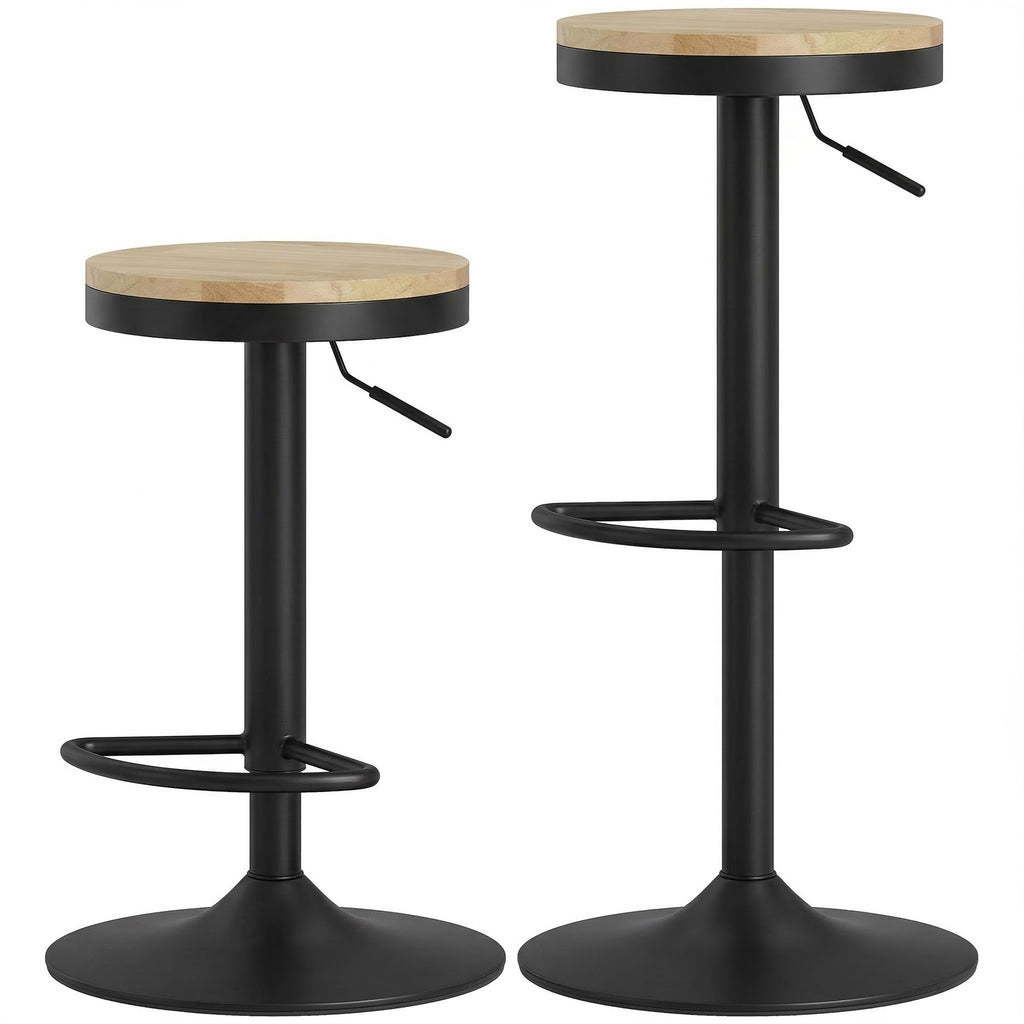 Wood Barstools Set of 2, Swivel Bar Stools with Adjustable Height for Kitchen Counter, Natural Wood and White