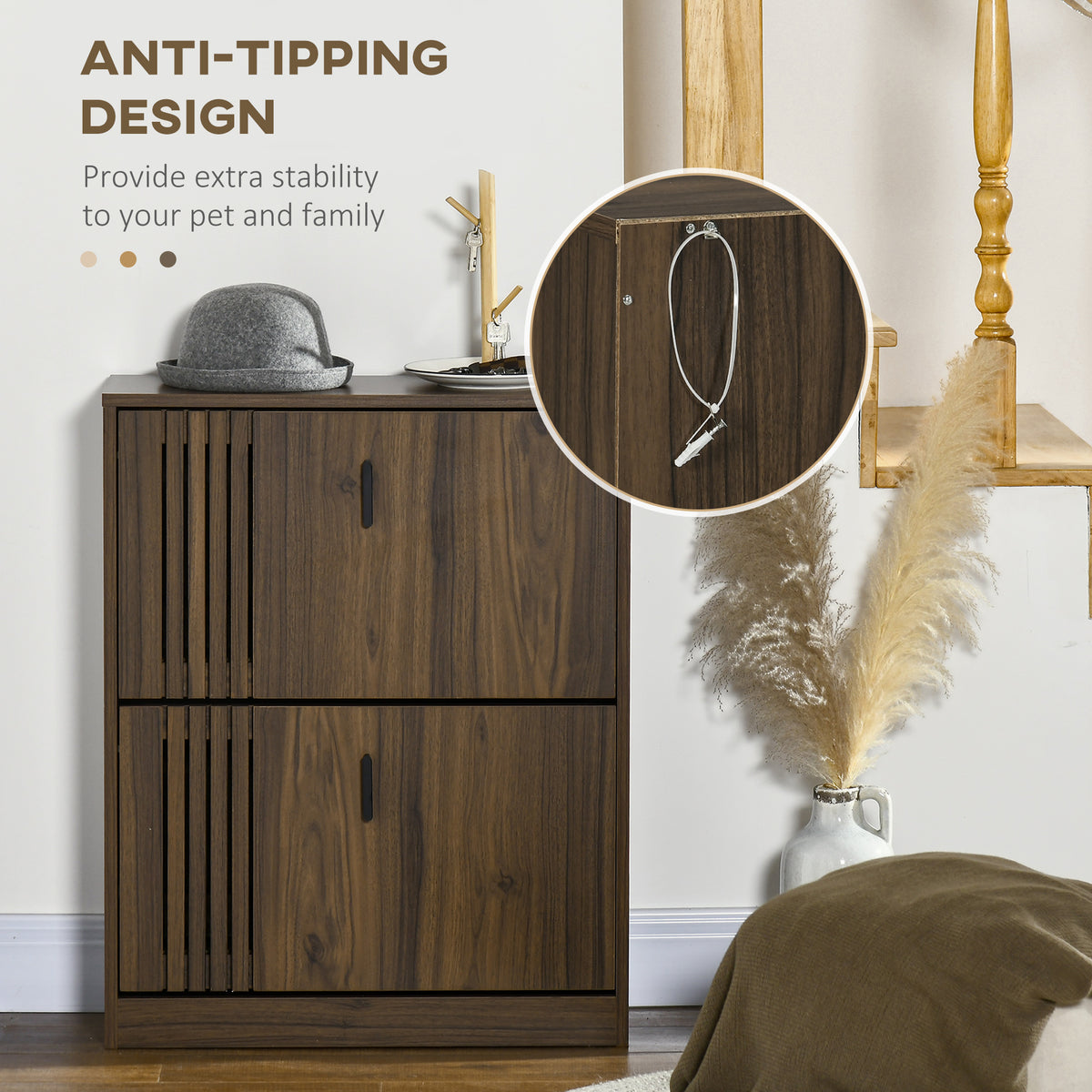 Shoe Storage Cabinet Organizer for 12 Pairs of Shoes with 2 Flip Drawers and Adjustable Shelves, Walnut